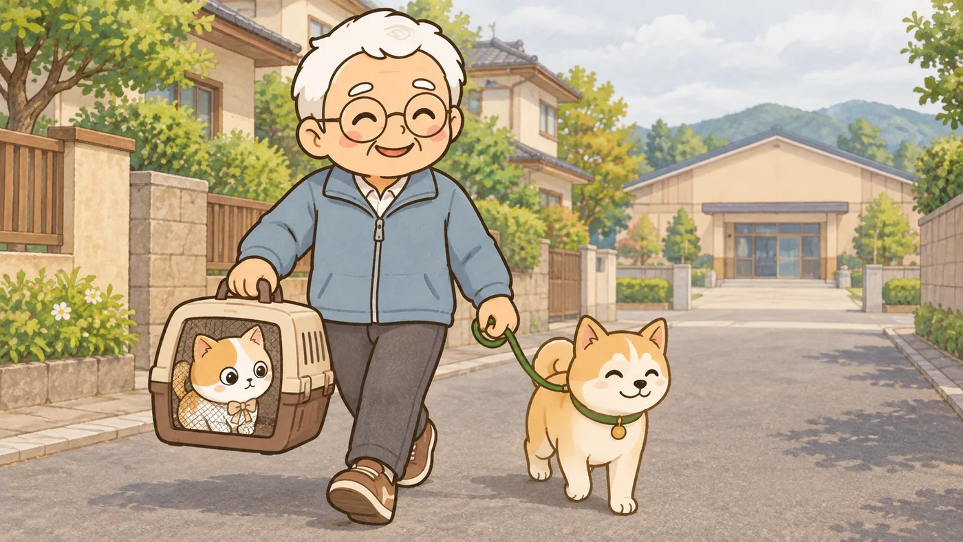 くもり空の住宅地の道を、茶色のスニーカーのそなえじぃが、片手に猫用キャリーを持ち、もう片方の手でリードをつけた年老いた柴犬を連れて、指定避難所の方へ早足で歩いている。キャリーの窓からひなたちゃんが落ち着いた顔で外を見ている。