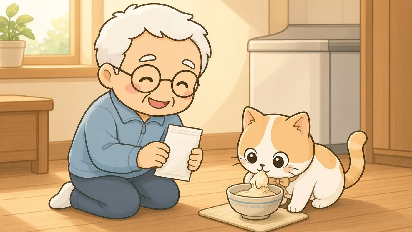 台所の床で、ひなたちゃんがいつもの陶器のお皿からフードを食べ、白い靴下のそなえじぃがいつもの袋を持ってにこにこ見ている。