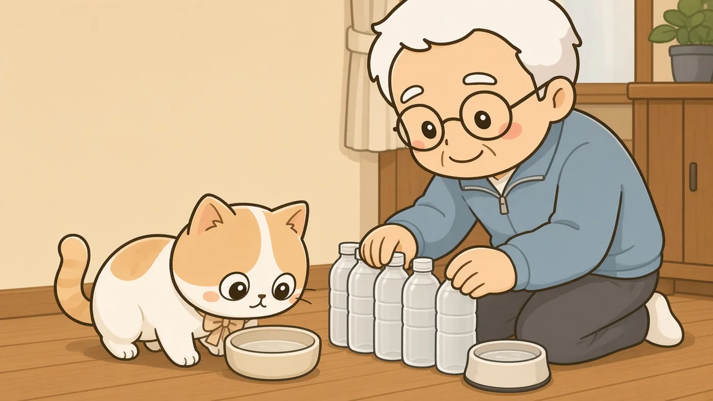 木の床の部屋で、白い靴下のそなえじぃが、ラベルのない水のペットボトルを数本、棚の下の段に並べている。そのそばで、ひなたちゃんが水の入った陶器のお皿から水を飲んでいる。