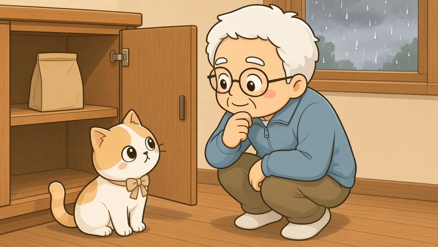 雨の日の部屋で、白い靴下のそなえじぃが、フードの袋が1つしかない戸棚の前にしゃがんで考えこみ、ひなたちゃんが不安そうに見上げている。