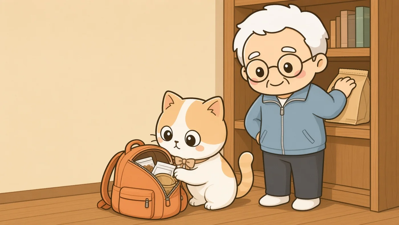 木の棚の前で、白い靴下のそなえじぃが、新しいフードの袋を棚の奥に入れ、手前の古い袋を手に取っている。棚には無地の缶やパウチも並ぶ。床のオレンジ色のリュックの口から小分けの袋がのぞき、ひなたちゃんがその横に座っている。