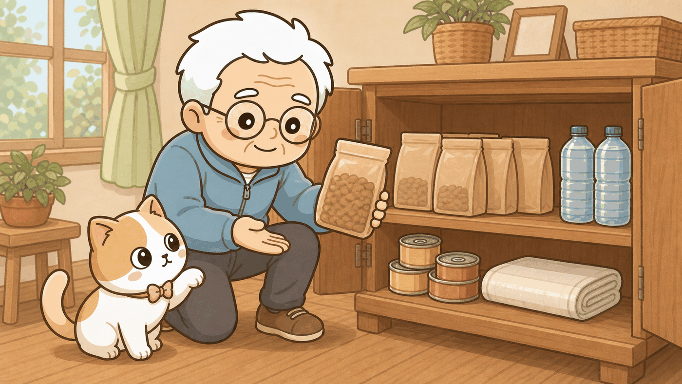 そなえじぃが低い木製の戸棚の前にしゃがみ、ドライフードの袋を持ち上げて説明している。棚にはフードの袋が数個、ペットボトルの水が2本、ウェットフードの缶詰、たたんだペットシーツが整然と並んでいる。足元でひなたちゃんが前足を上げて見上げている。