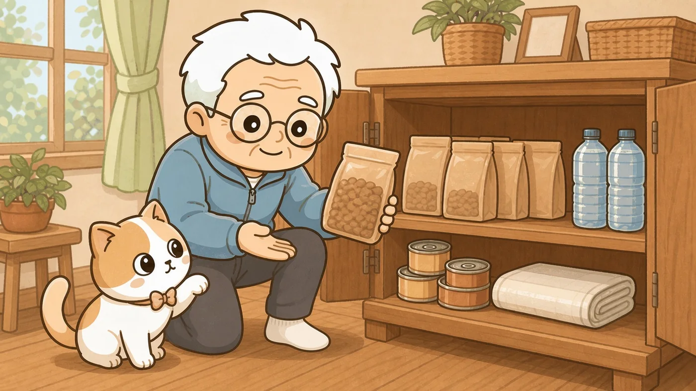 そなえじぃが低い木製の戸棚の前にしゃがみ、ドライフードの袋を持ち上げて説明している。棚にはフードの袋が数個、ペットボトルの水が2本、ウェットフードの缶詰、たたんだペットシーツが整然と並んでいる。足元でひなたちゃんが前足を上げて見上げている。