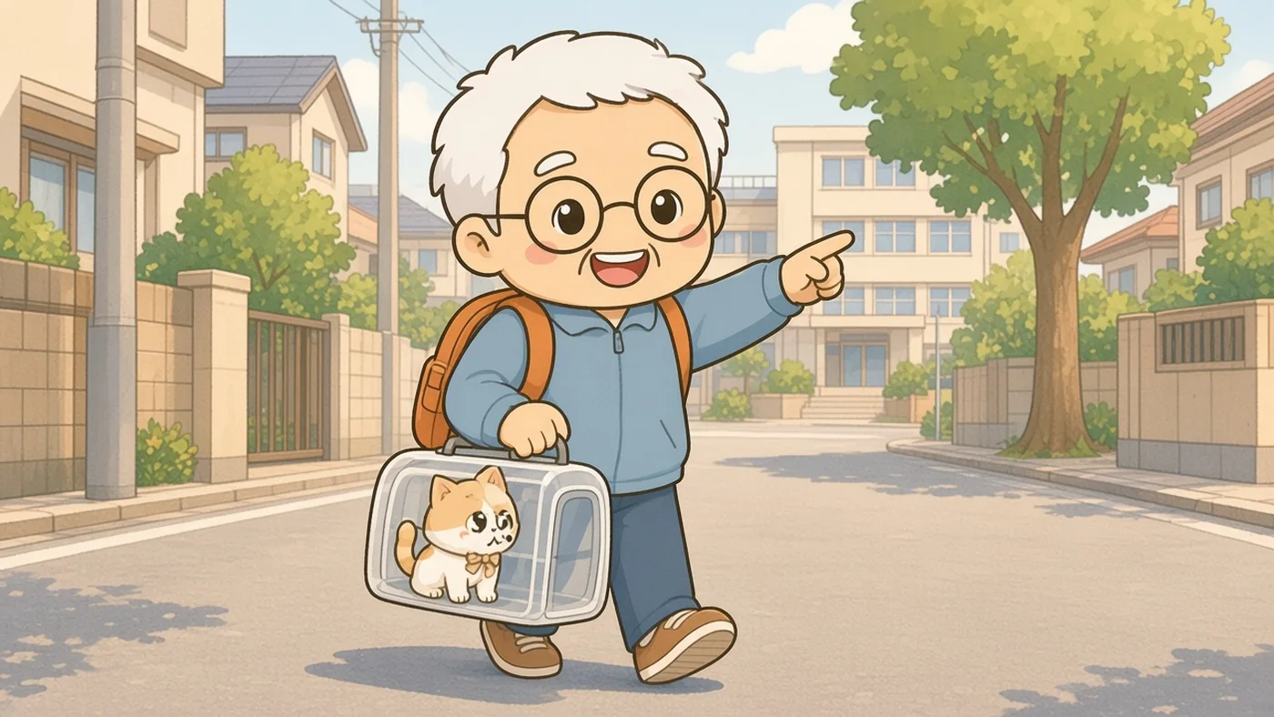 晴れた住宅街の道で、そなえじぃがひなたちゃんの入ったキャリーを手に持ち、前方の学校を指さしながら避難経路を歩いて確かめている。