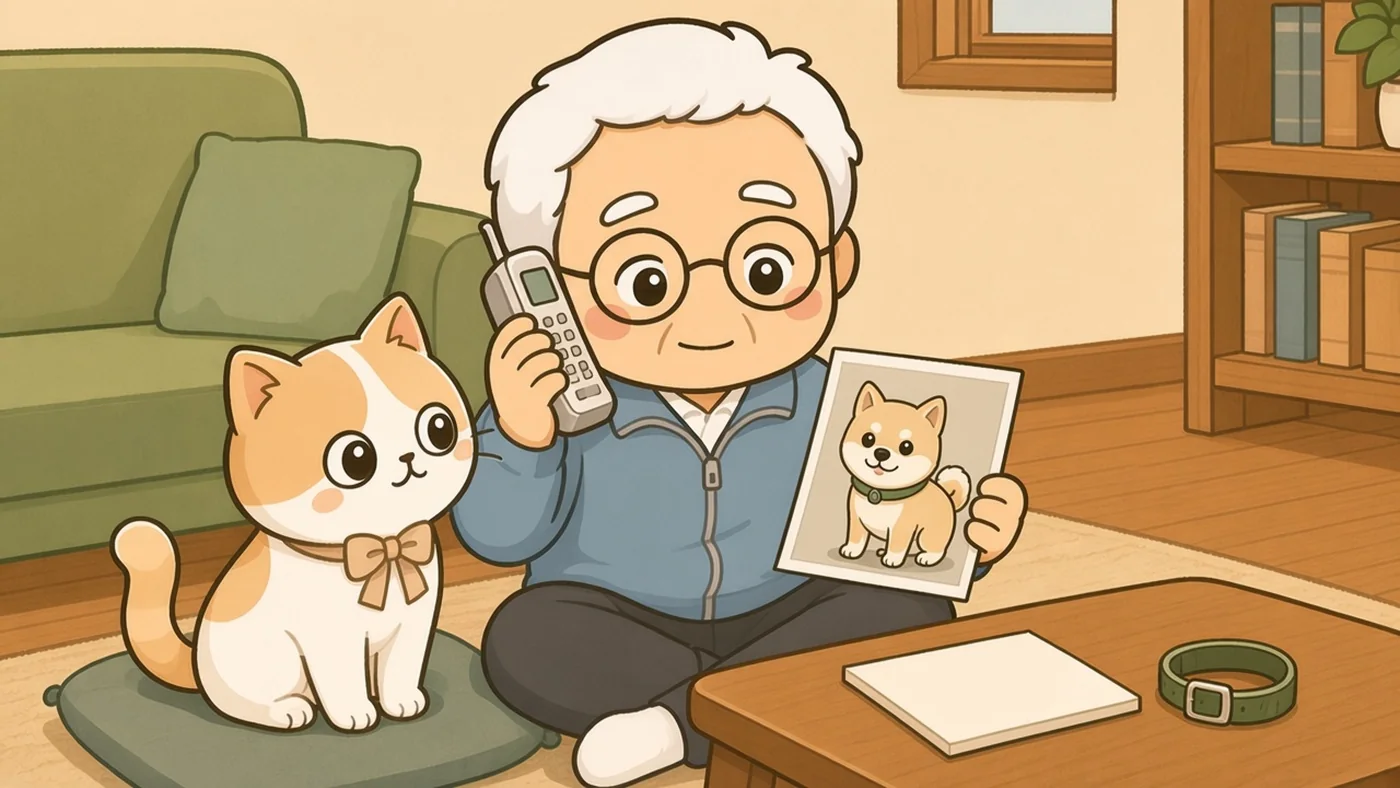 木の床の居間で、白い靴下のそなえじぃがちゃぶ台の前に座り、電話の子機を耳に当てながら、小型の犬が写った写真を手に持って話している。ちゃぶ台には白紙のメモと首輪が置かれ、ひなたちゃんがそばに寄りそって見上げている。