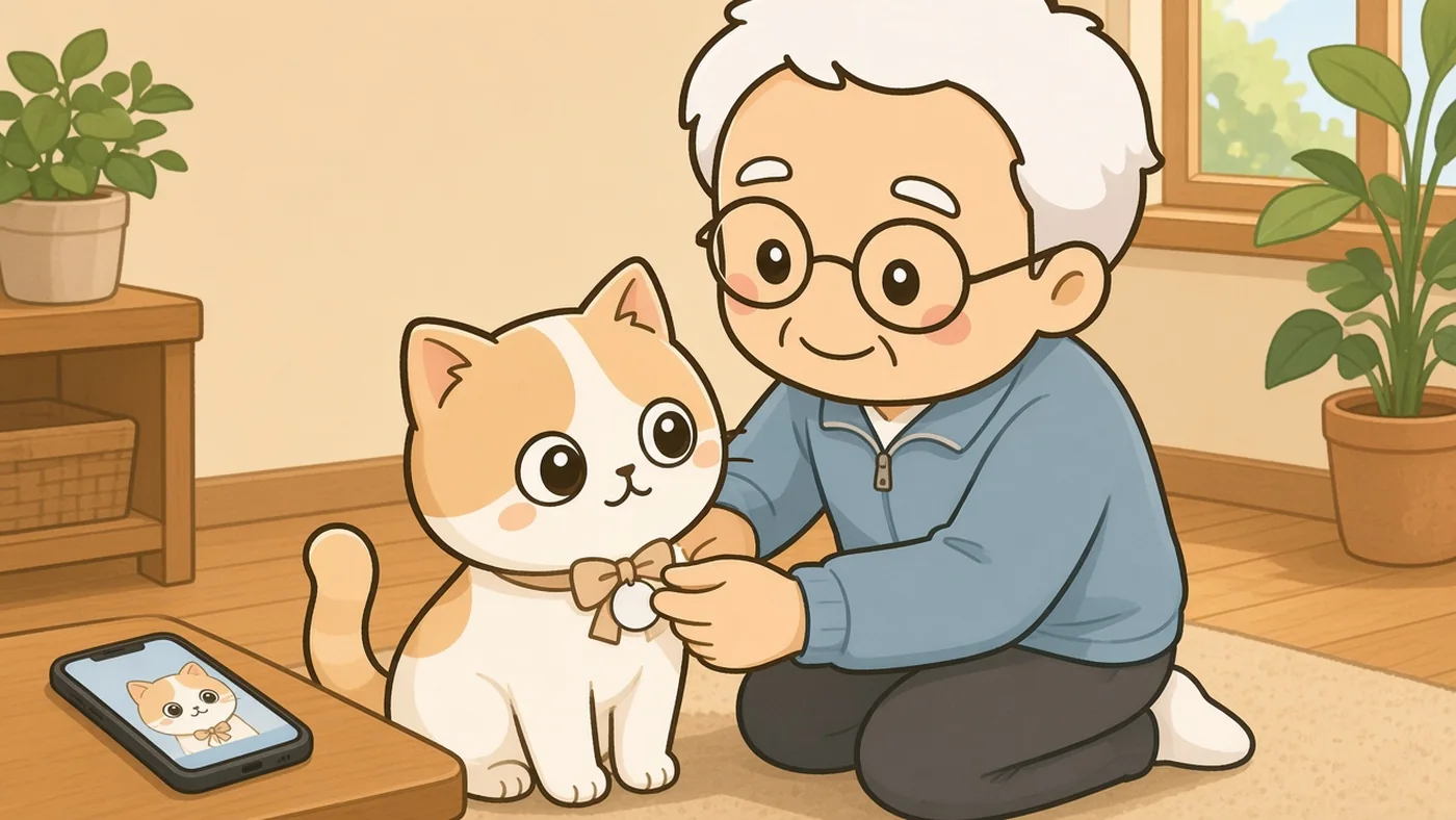 明るい居間の木の床で、白い靴下のそなえじぃがひざをつき、ひなたちゃんの首もとのリボンに、無地の小さな丸い迷子札をやさしく取りつけている。ひなたちゃんは落ち着いて座り、目を細めている。そばの低い机には、ひなたちゃんの写真が映ったスマートフォンが置いてある。