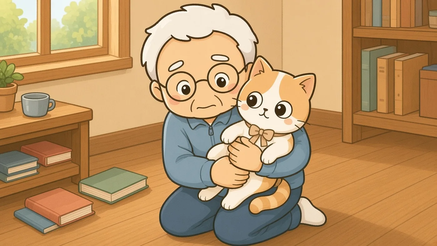 地震のあとの居間で、本が床に落ちている。白い靴下のそなえじぃがひざをつき、ひなたちゃんをしっかり抱きかかえている。