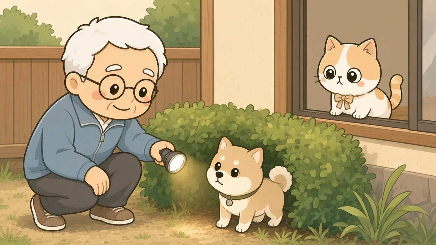 昼間の静かな住宅地で、茶色のスニーカーをはいたそなえじぃが、自宅の庭の生け垣のそばにしゃがみ、懐中電灯でやさしく足もとを照らしている。生け垣の陰から小型の犬が顔をのぞかせている。家の窓の内側から、ひなたちゃんが心配そうに外を見ている。