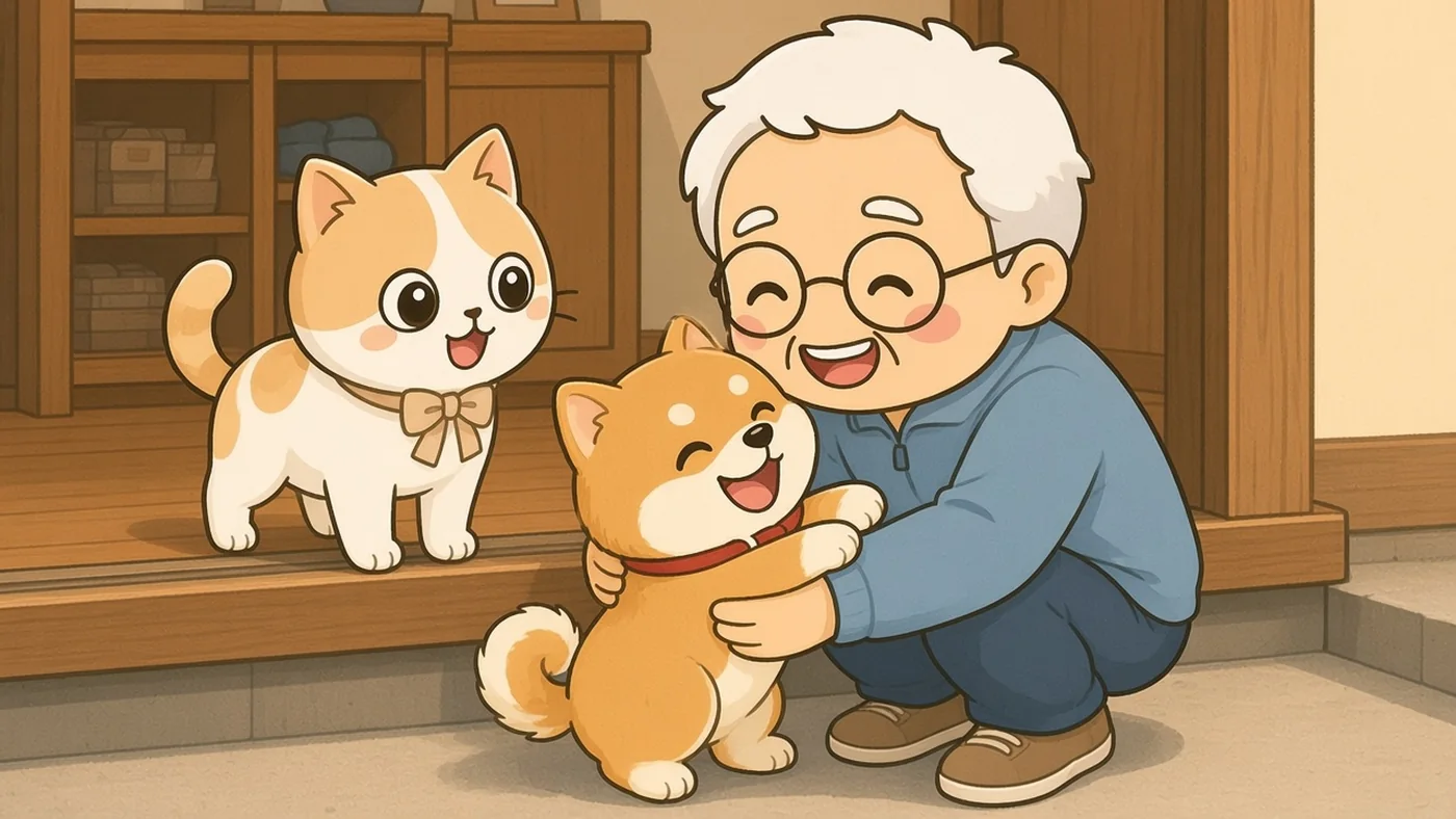 玄関の土間で、茶色のスニーカーのそなえじぃがしゃがみ、赤い首輪の柴犬を抱きしめている。上がり框の上でひなたちゃんがうれしそうに迎えている。