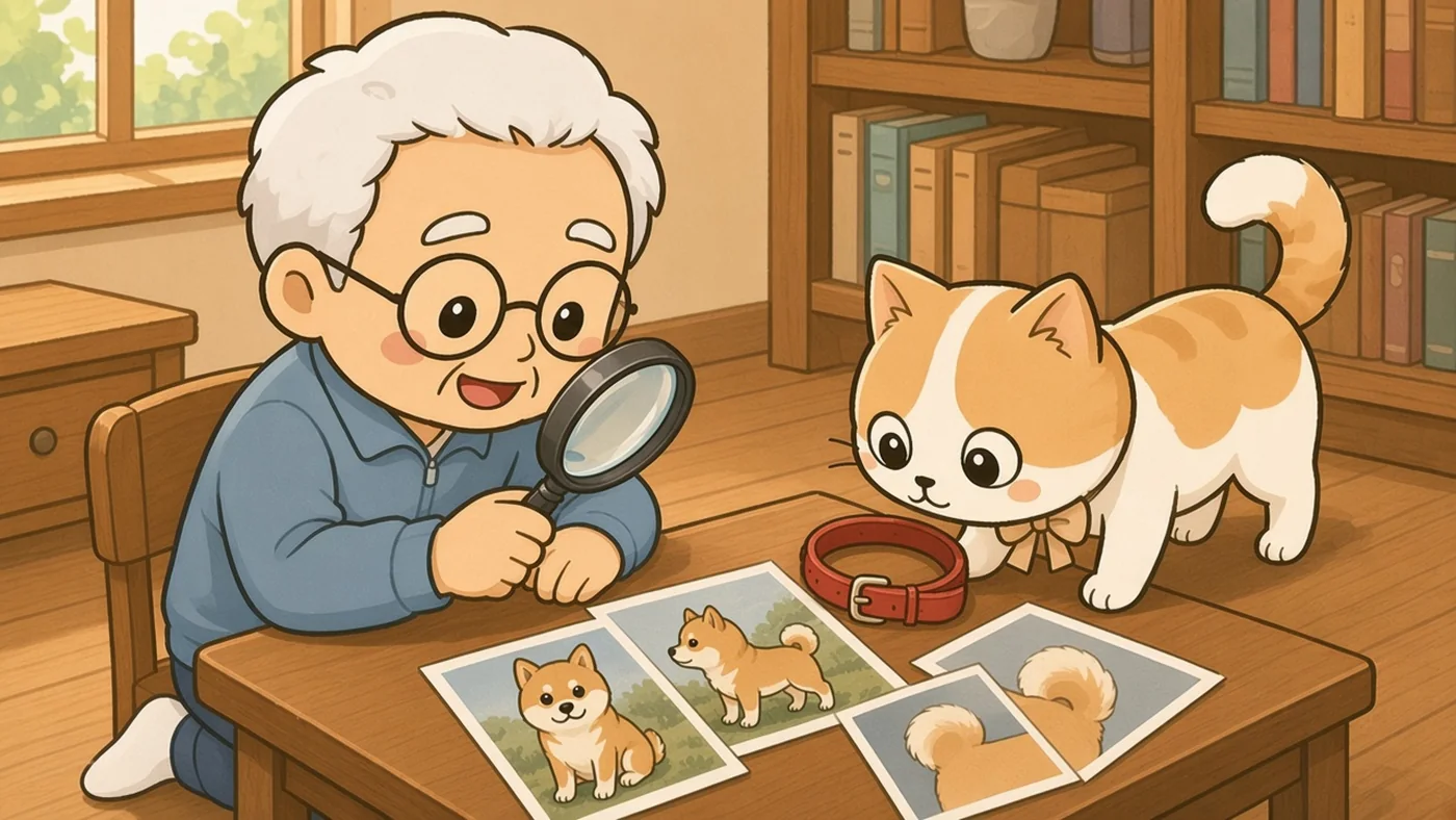 書斎の机で、白い靴下のそなえじぃが虫めがねで柴犬の写真を見比べている。正面、横向き、しっぽの写真と赤い首輪が並び、ひなたちゃんが首輪のにおいをかいでいる。