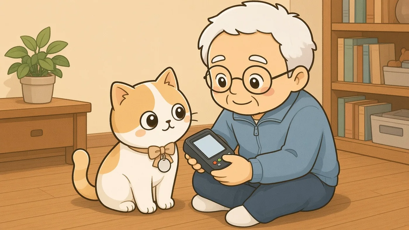 そなえじぃが床に座り、ひなたちゃんの肩のあたりにマイクロチップの読み取り機をそっと当てている。ひなたちゃんの首輪には迷子札が下がっている。