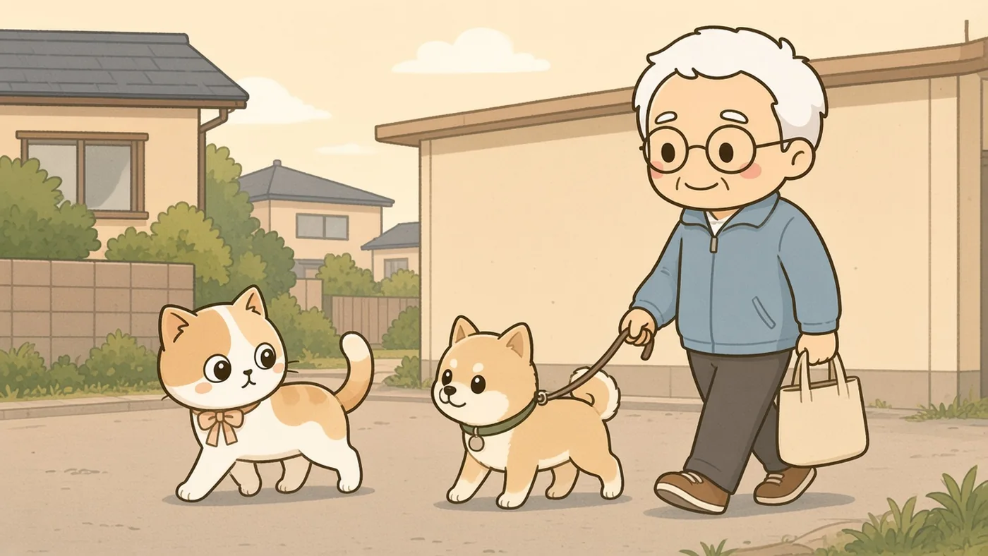 朝の住宅地の道を、茶色のスニーカーのそなえじぃが、手さげ袋を持って歩いている。リードをつけた年老いた柴犬が並んで歩き、ひなたちゃんが前を元気に歩いている。遠くに避難所の建物が見える。