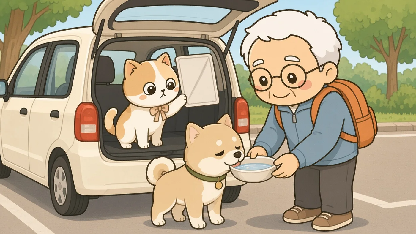 晴れた昼の駐車場で、茶色のスニーカーのそなえじぃが、日よけをつけた車の後ろのドアを開け、日陰で年老いた柴犬に水の入った器を差し出している。ひなたちゃんが窓に日よけを取りつけるのを手伝っている。