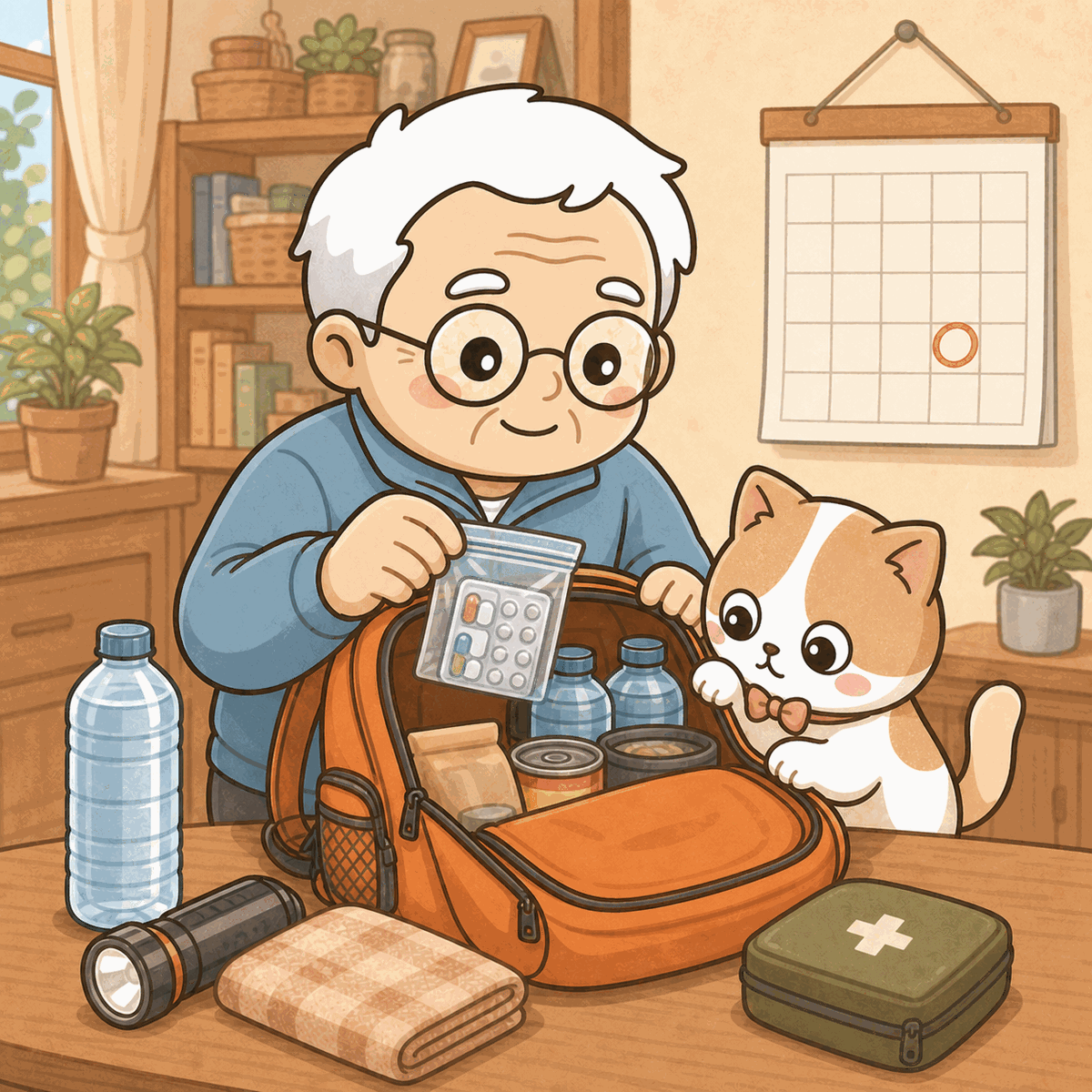 壁のカレンダーに赤丸がついた部屋で、そなえじぃがオレンジ色の避難リュックに薬の小袋を入れている。ひなたちゃんはリュックのふちに前足をかけて手伝うそぶり