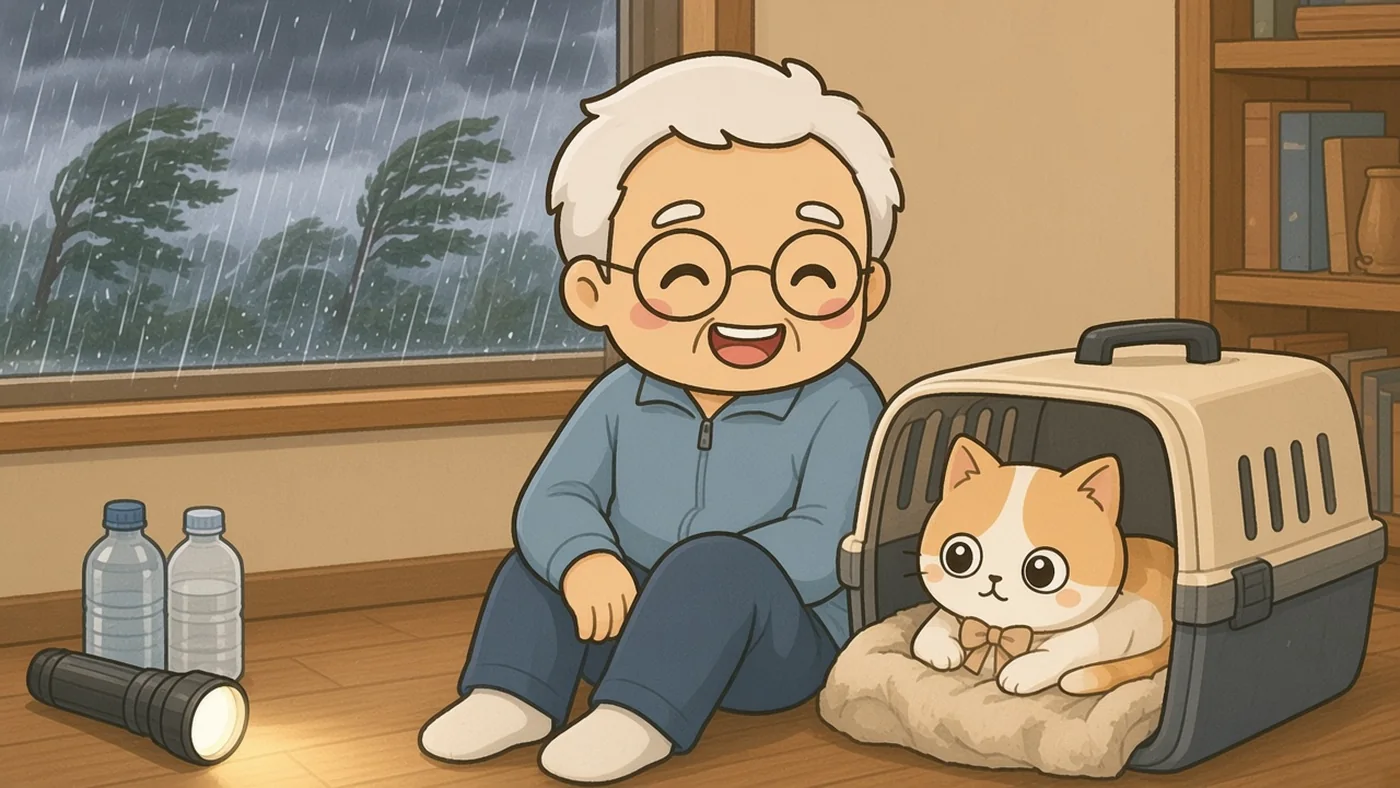 窓の外は横なぐりの雨。白い靴下のそなえじぃが2階の部屋で、毛布を敷いたキャリーの中のひなたちゃんのそばに座り、懐中電灯と水のペットボトルを置いて落ち着いて過ごしている。