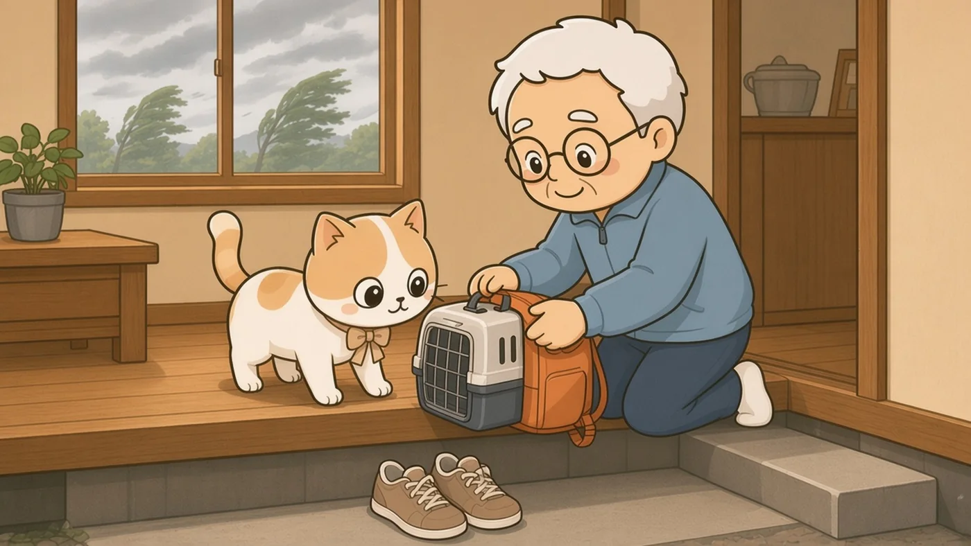 風の強い曇りの日、白い靴下のそなえじぃが上がり框にひざをつき、キャリーとオレンジ色のリュックを玄関の段に並べている。土間には茶色のスニーカーがそろえて置かれ、ひなたちゃんがキャリーのにおいをかいでいる。