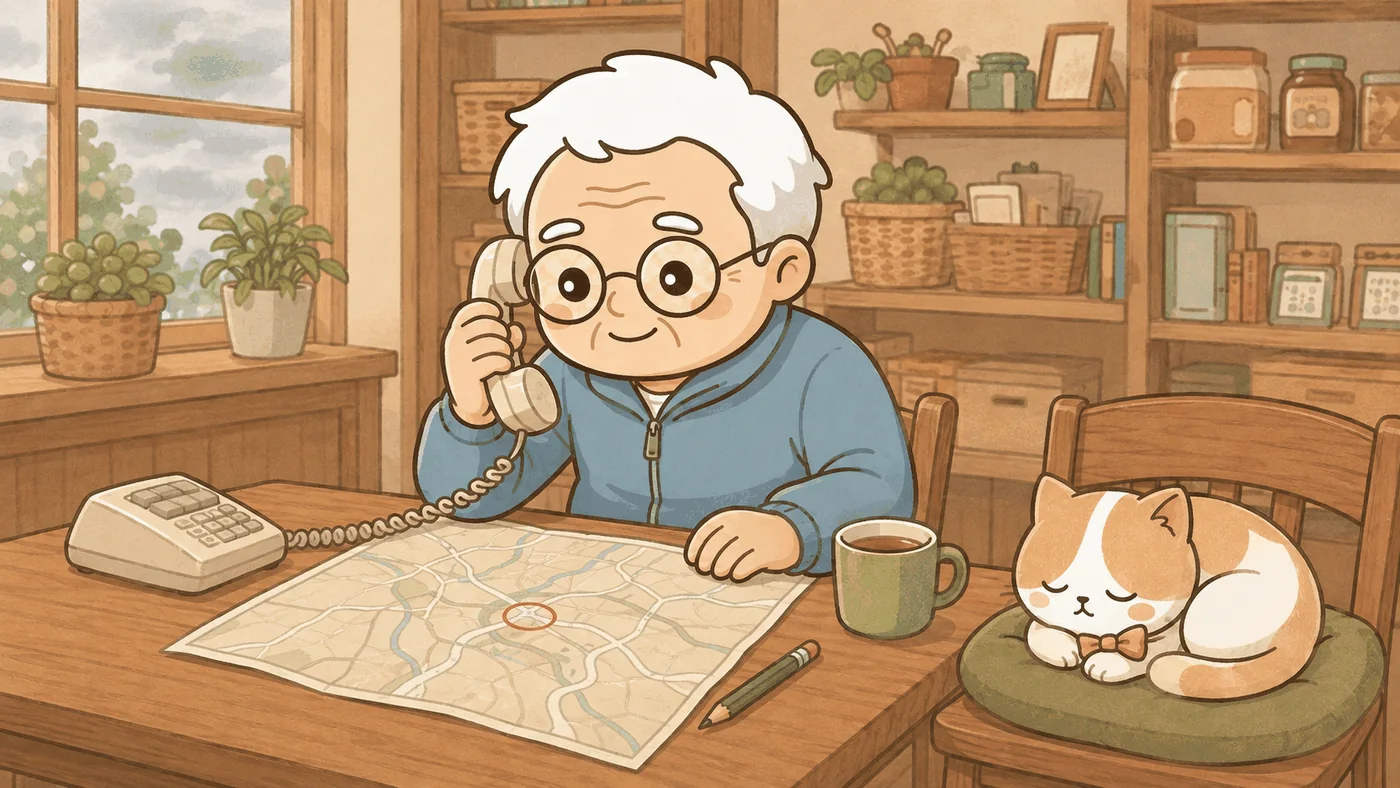 そなえじぃが木のテーブルで受話器を持ち、落ち着いた表情で電話をかけている。テーブルには広げた地図に赤い丸が書き込まれ、鉛筆とお茶のマグが置かれている。窓の外は曇り空。隣の椅子ではひなたちゃんが丸くなって眠っている。