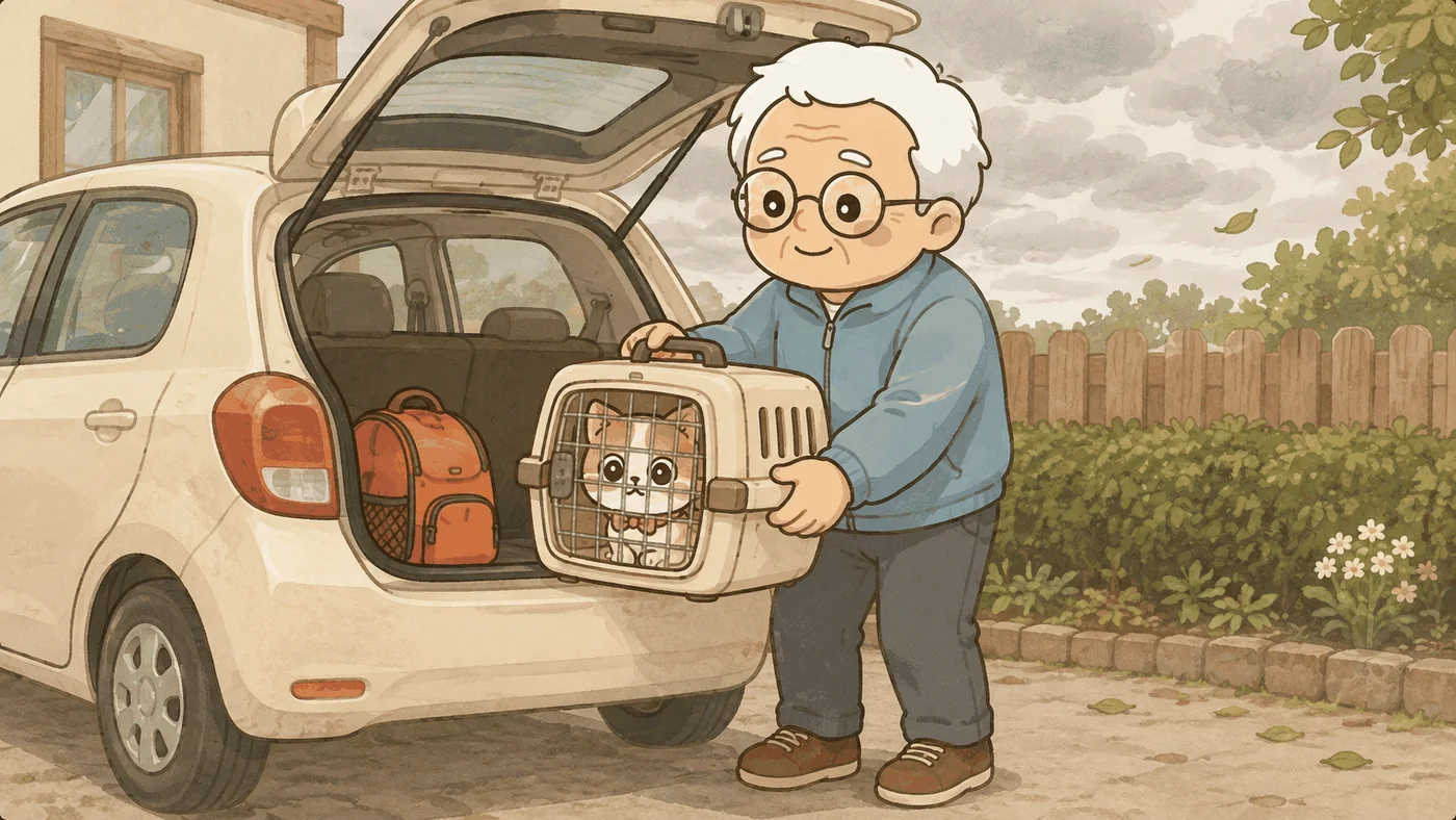 曇り空の下、まだ明るいうちに、そなえじぃが自宅の駐車場で車の後ろにひなたちゃんの入ったハードキャリーを積み込んでいる。車内にはすでにオレンジ色の防災リュックが置かれている。雨はまだ降っておらず、木の葉が風に舞っている。