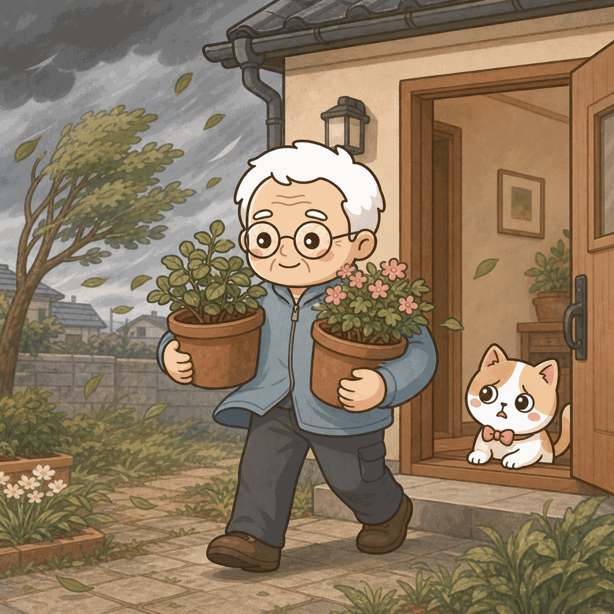 曇り空の下、そなえじぃが植木鉢を抱えて家の中へ運んでいる。ひなたちゃんは玄関から心配そうに見ている