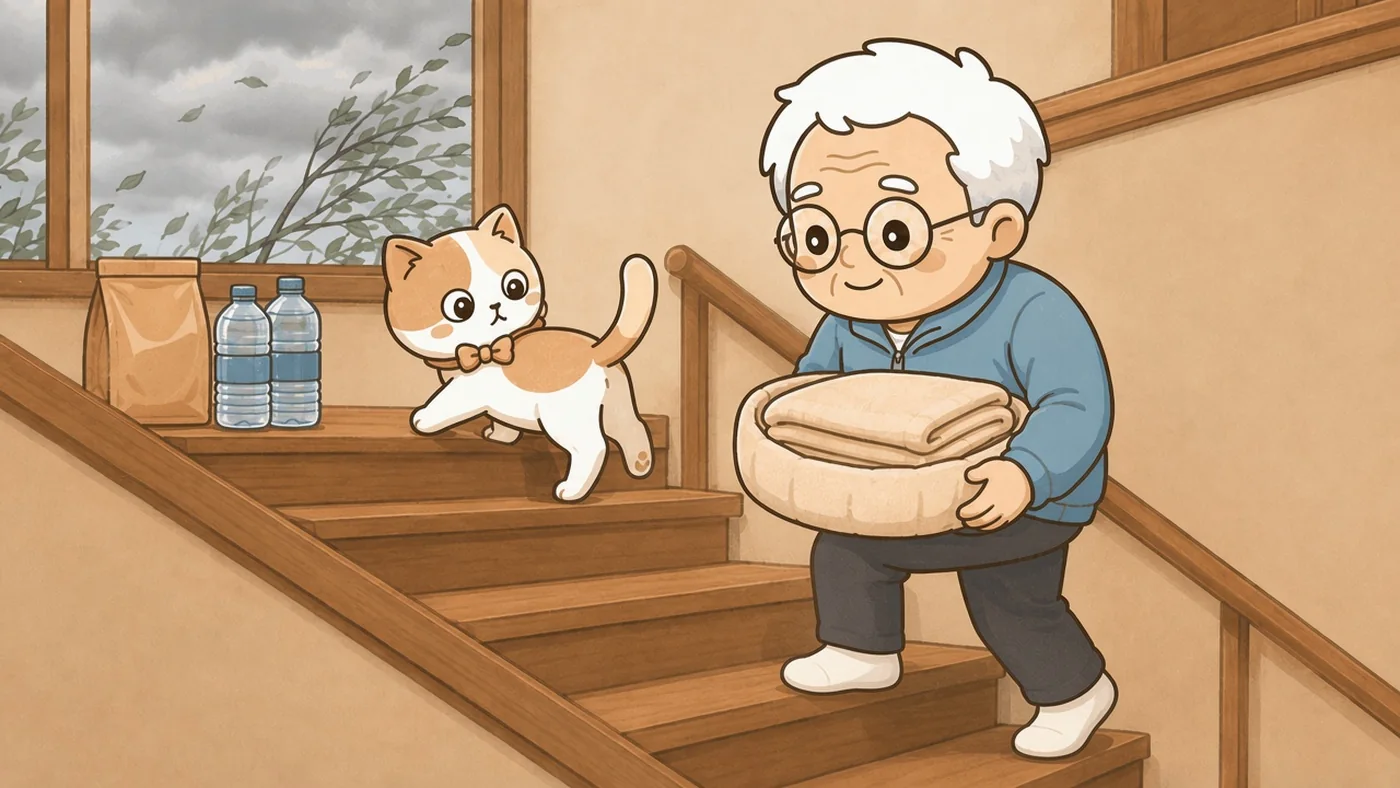 そなえじぃがペットベッドとたたんだ毛布を抱えて階段を上っている。上の段にはすでにフードの袋とペットボトルの水が2本運び上げられている。ひなたちゃんが先を歩いて振り返っている。窓の外は曇り空で、木の葉が風に舞っている。
