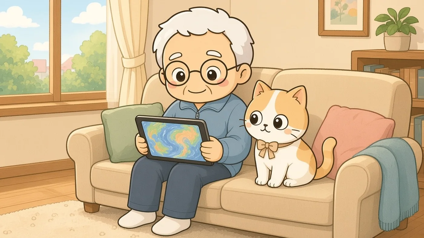 晴れ間の残る日、白い靴下のそなえじぃがソファでタブレットの渦巻きの天気図を見て、隣のひなたちゃんも画面をのぞいている。