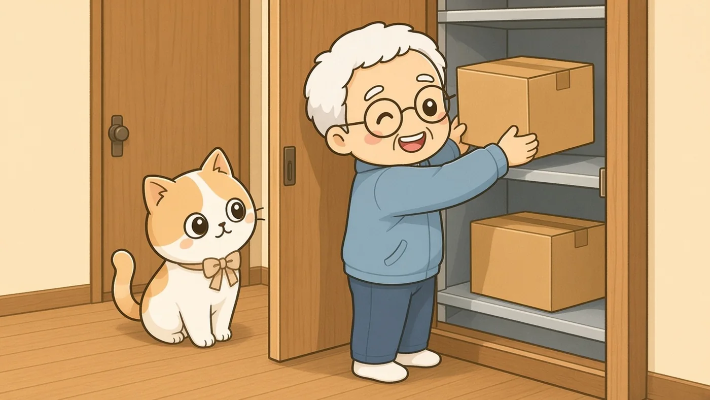 廊下の収納の前で、白い靴下のそなえじぃが無地の段ボール箱を棚に入れている。下の段にはもう1箱あり、ひなたちゃんがそばから見ている。