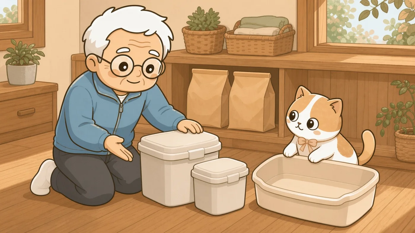 そなえじぃが床にひざをついて、大小2つのふた付き容器を並べて手で示している。背後の低い棚には未開封の猫砂の紙袋が2袋きちんと置かれ、右手前には空のきれいな猫用トイレがある。ひなたちゃんがトイレの縁に前足をかけて、そなえじぃを見上げている。
