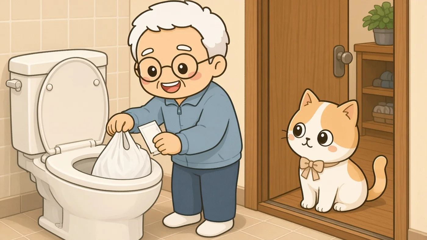 明るいトイレで、白い靴下のそなえじぃが閉じた便座に無地のビニール袋をかぶせ、小さな凝固剤の袋を手に練習している。戸口からひなたちゃんが見ている。