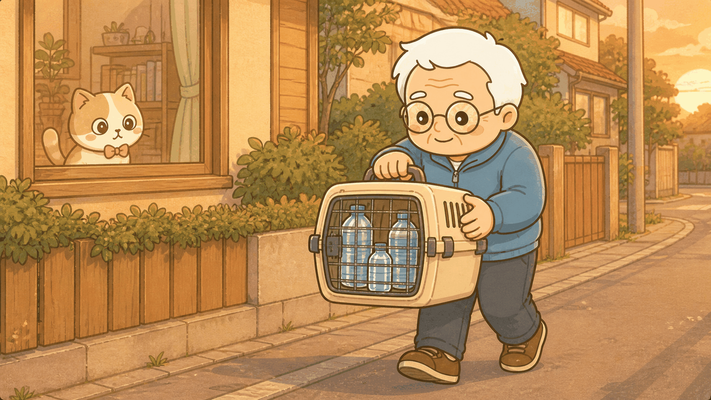 夕暮れの住宅街の歩道を、そなえじぃがハードキャリーを持って歩いている。キャリーの中には猫ではなく、水の入ったペットボトルが3本立てて入っている。重さに少し驚いたような表情。左手前の家の窓辺からは、ひなたちゃんが中で寝そべったまま、のんびりと見送っている。