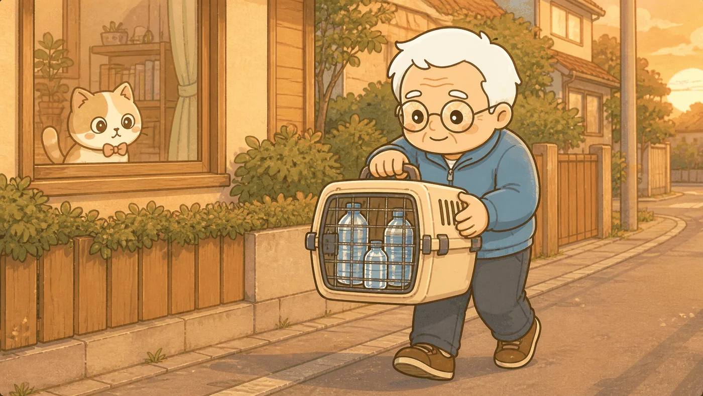 夕暮れの住宅街の歩道を、そなえじぃがハードキャリーを持って歩いている。キャリーの中には猫ではなく、水の入ったペットボトルが3本立てて入っている。重さに少し驚いたような表情。左手前の家の窓辺からは、ひなたちゃんが中で寝そべったまま、のんびりと見送っている。